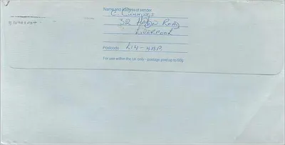 Leverpool — Envelope postal — Royal Mail — Verso