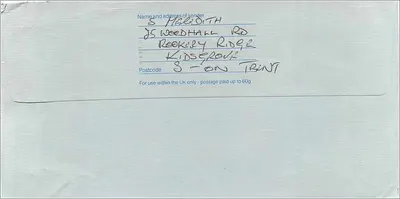 Carta postal enviada à embaixada australiana em Manchester — Royal Mail First Class — Verso