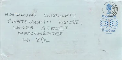 Envelope para o Consulado Australiano em Manchester — Royal Mail 1987