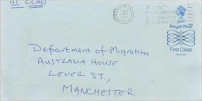 İngiltere Kraliyet Postası — 1. Sınıf — Avustralya House, Manchester'daki Göç Departmanı'na yönlendirilmiştir