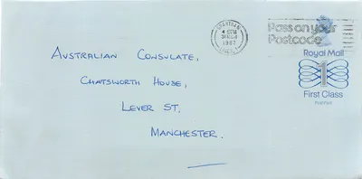 Carta postal enviada à embaixada australiana em Manchester — selo Royal Mail 1987