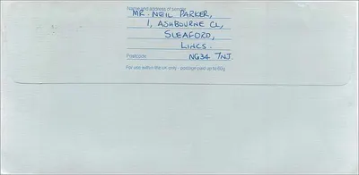 Carta postal enviada à embaixada australiana em Manchester — selo Royal Mail 1987 — Verso