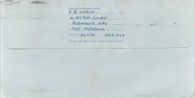 맨체스터에 있는 호주 대사관으로 발송된 우표 — Royal Mail, 1987년 6월 2일 — 뒷면