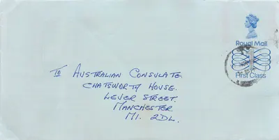 Avustralya Elçiliği'ne Manchester'da kartpostal — Royal Mail, 15p, Manchester imzası
