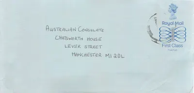 Envelope postal Reino Unido — Consulado Australiano em Manchester — selo 1£ Royal Mail