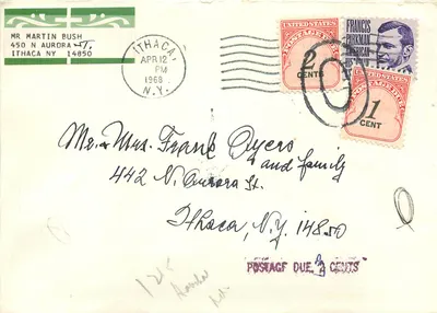 Carta postal com selos e carimbo de Ithaca — Igreja de Easter Joy