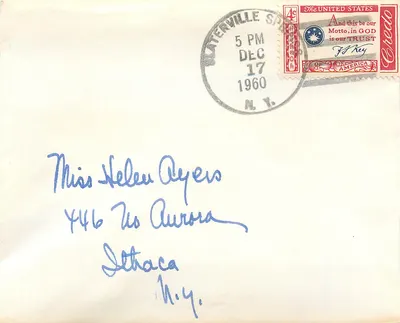Carta postal enviada de Waterville Springs — selo de 4c 'In God We Trust' — destinada a Miss Helen Ayers em Ithaca, N.Y.