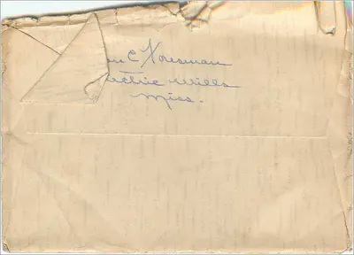 Carta postal enviada de Electric Mills, Miss., em torno de 1927 — selo de 2 centavos e carimbo postal — Verso