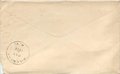 Cortland, NY — Brief aan Mevrouw Myrtis L. Thayer naar Killawao, New York — Stempel 2 cent 1902 — Achterkant