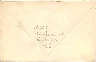 Fayetteville — carta postal com selo de 2 centavos Washington — editor desconhecido — Verso