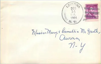 Carta postal enviada de Levanna — N.Y. — 14 de dezembro de 1964 — carimbo violeta