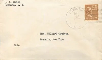 Levanna, N.Y. — Envelope com selo de 1½ centavo de Martha Washington — datado de 18 de dezembro de 1942