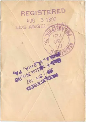 Carta postal destinada a Los Angeles — selo de 10 centavos e carimbo de Filadélfia — Verso