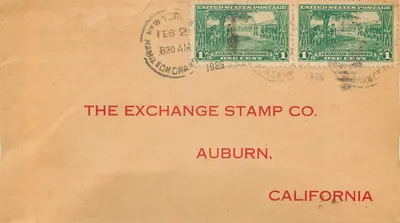 Carta postal completa — selos e carimbo Hamilton, Nova York — editor The Exchange Stamp Co. Auburn, Califórnia