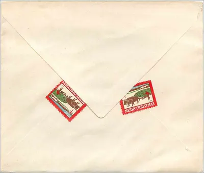 Carta postal de Natal — dois selos 'Merry Christmas' — destinada a Mrs Harriett Dagle em Kings Ferry, N.Y. — Verso