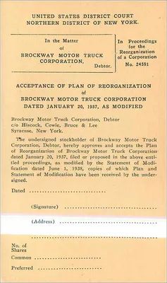 Brockway Motor Truck Corporation — reestruturação — Brockway Motor Truck Corporation, Syracuse, New York — Verso