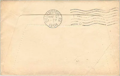 Carta postal de East Auburn, Califórnia — para Williamsport, Pensilvânia — datada de abril de 1904 — Verso