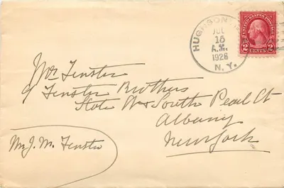 Hughson, N.Y. — Carta para o Sr. Fenster, Albany, N.Y. — Selos de 2 centavos Washington — Obliteração Hughson 16 jul. 1926
