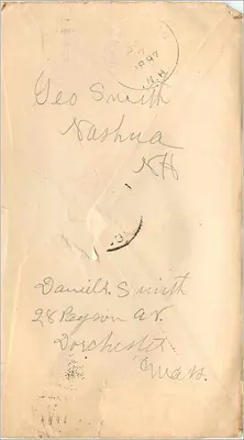 Worcester — 6 april 1897 — postzegel van 2 cent rood, afstempeling Worcester — Achterkant