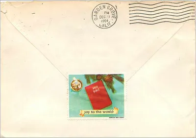 Carta postal de Rutherford, Nova Jersey — Srta. Adine Treanor, Chapman Harbor Hospital, Garden Grove, Califórnia — editor American Bible Society — Verso