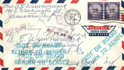 Carta postal aérea — retorno ao remetente — Jamesstown, N.Y. — 1957