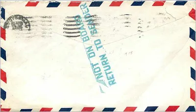 Carta postal aérea — retorno ao remetente — Jamesstown, N.Y. — 1957 — Verso