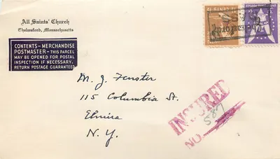 All Saints' Church, Chelmsford, Massachusetts — carte postale avec timbres et cachet d'assurance