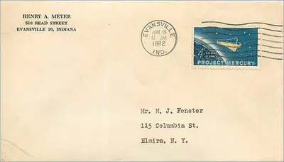Evansville, Indiana — Envelope postal com selo do Projeto Mercury — Henry A. Meyer para M. J. Fenster