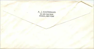 Carta postal endereçada a A. J. Masterman em Ithaca, Nova York — selos e carimbo de Mount Vernon — Verso