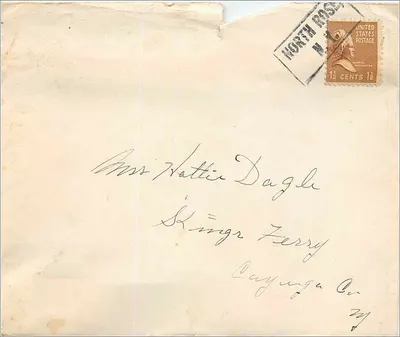 Carta postal destinada a Miss Hattie Dagle em Kings Ferry, Cayuga Co. — Editor não visível, selo de 1½ centavo de Martha Washington