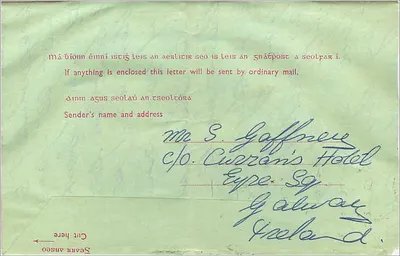 Carta aérea — Éire — 10 pence — enviada de Galway para South Bend (Indiana, Estados Unidos) — Verso