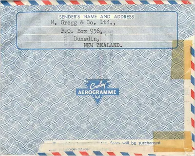 Aérogamme — Nova Zelândia — W. Gregg & Co. Ltd. — Número de série não visível — Verso