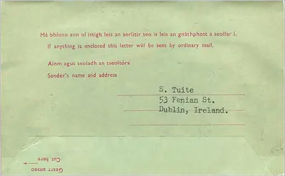 Aérogamme enviado de Dublin — S. Tuite — 1968 — Verso