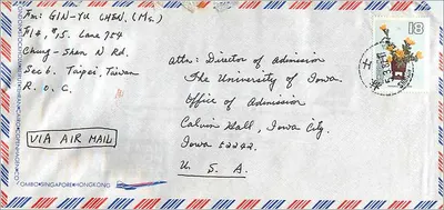 Tấm thiếp bưu chính hàng không — Bì thư gửi đến Đại học Iowa — Nhà xuất bản: Air Mail Singapore Hongkong