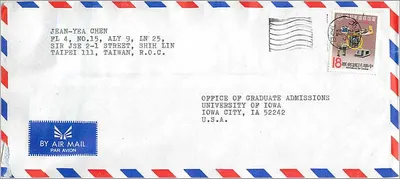 Bìa thư hàng không — Taipei, Đài Loan — Office of Graduate Admissions, Iowa City, Hoa Kỳ