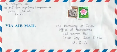 Envelope aéreo para a University of Iowa — Coreia do Sul