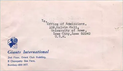 Giants International — Bombay — envio para a Universidade de Iowa