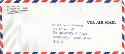 Envelope aérea — Seul, Coreia — para Iowa City, Estados Unidos