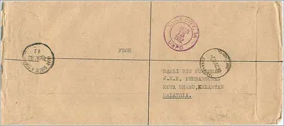 Kota Bharu — Meludara — Universidade de Iowa — selos Malaios — Verso
