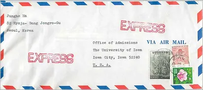 Envelope expresso para Iowa City — selos coreanos e carimbo de chegada