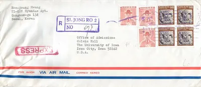 Seul, Coreia do Sul — envio aéreo para Iowa City, Estados Unidos — selos coreanos e carimbo de expedição