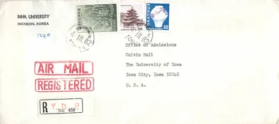 Carta postal aérea registrada — Universidade Inha, Incheon, Coreia — destinada ao Office of Admissions, Calvin Hall, Iowa City, Iowa, Estados Unidos