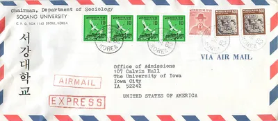 Universidade Sogang — Seul, Coreia — envio expresso para a Universidade do Iowa — 1982