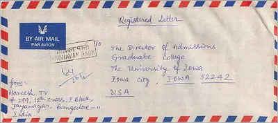 Carta aérea de Bangalore para Iowa City — Hareeth TV — 1982 — Verso