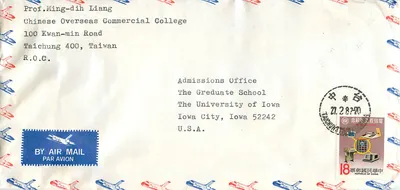 Aeroportowa karta pocztowa — Enveloppe avec timbre et cachet de Taïwan — przeznaczona dla Uniwersytetu w Iowa, USA