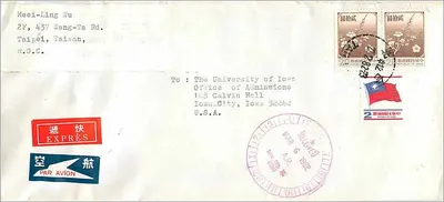 Taipei — envio aéreo para a Universidade do Iowa — correio aéreo de Taipei