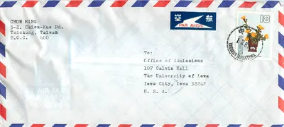 Envelope aéreo de Taichung para Iowa City — selo de 18 yens com carimbo postal