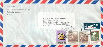 Hava mektubu — Taipei, Tayvan — Üniversiteye kabul birimi, Iowa Üniversitesi, Iowa City, ABD
