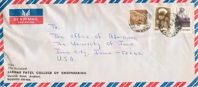 Bombay - Iowa City — Envelope aérea com selos indianos e endereço manuscrito — editor Airmail