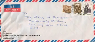 Envelope aéreo de Bombay para Iowa City — Sardar Patel College of Engineering, Bombay — Office of Admissions, University of Iowa